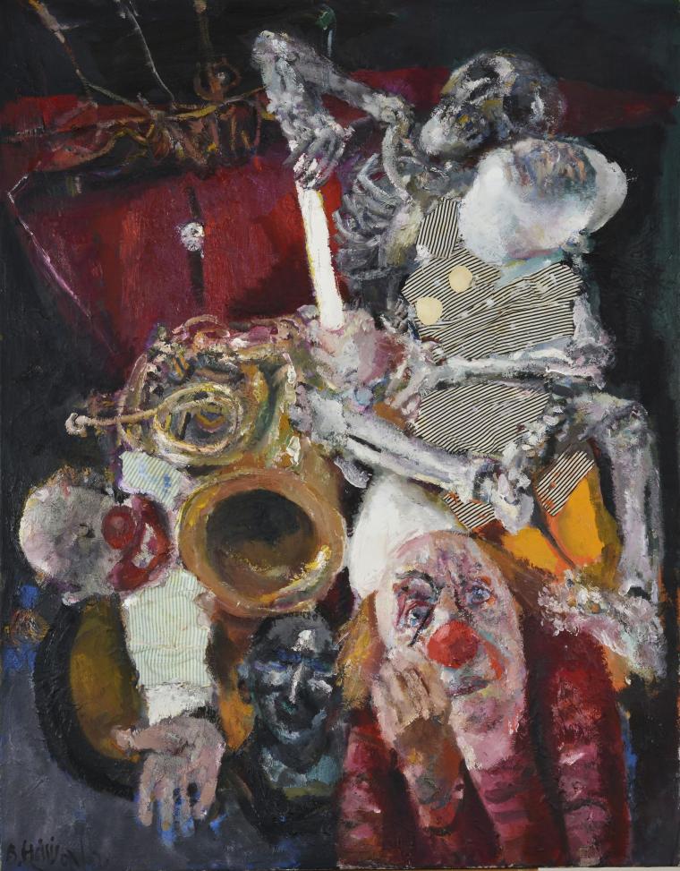 Der Tod des Weißclowns,1991, Öl und Stoff auf Leinwand, 130,5 x 100,5 cm,,Potsdam Museum, Dauerleihgabe Sammlung Vera Schreck, © VG-Bildkunst, Bonn 2021